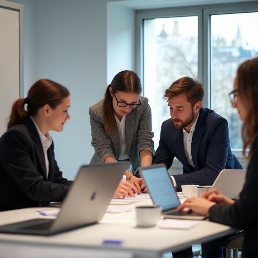 Diverse team at Cabinet Delta Conseil collaborating on a strategic project in their Paris office